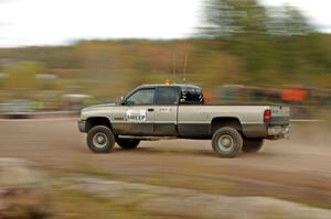 A heavy sweep truck comes through the SS1 (Green Acres I) spectator area.