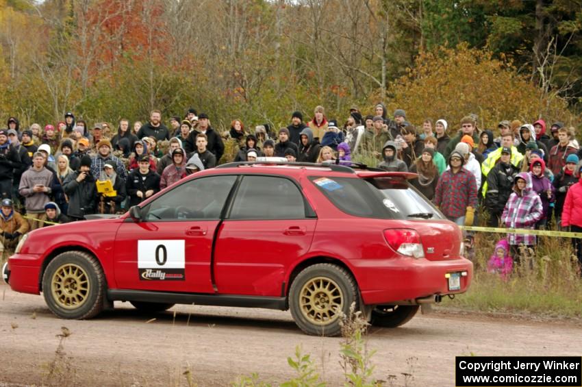 Greg Messler's Subaru WRX Wagon, car '0', checks out the SS1 (Green Acres I) spectator area.