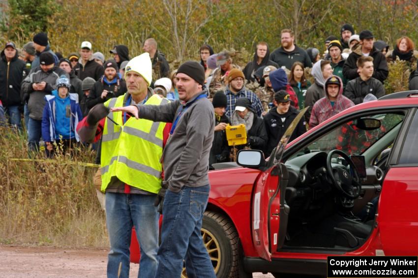 Greg Messler's Subaru WRX Wagon, car '0', checks out the SS1 (Green Acres I) spectator area.