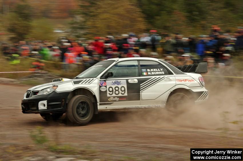 Brenten Kelly / Niall Burns Subaru WRX STi comes through the SS1 (Green Acres I) spectator area.