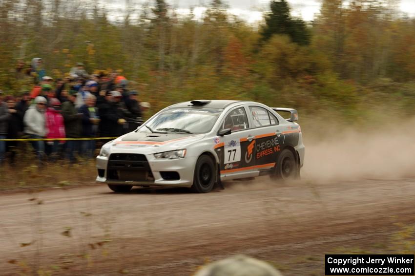 Vio Dobasu / Keith Moriarty Mitsubishi Lancer Evo X comes through the SS1 (Green Acres I) spectator area.