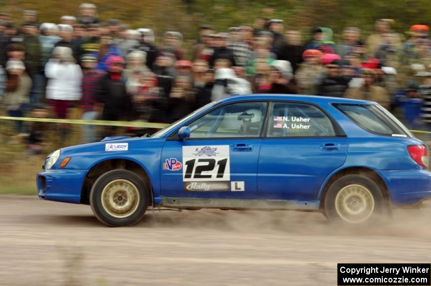 Nate Usher / Aaron Usher Subaru WRX Wagon comes through the SS1 (Green Acres I) spectator area.