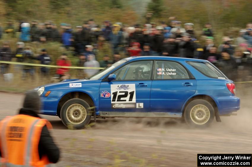 Nate Usher / Aaron Usher Subaru WRX Wagon comes through the SS1 (Green Acres I) spectator area.