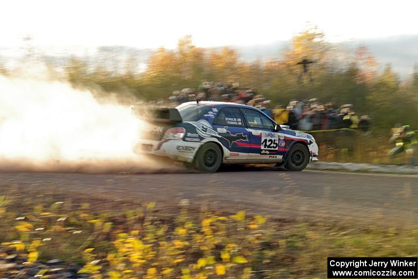 Adam Yeoman / Jordan Schulze Subaru WRX STi comes through the SS15 (Green Acres II) spectator area.