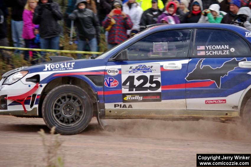 Adam Yeoman / Jordan Schulze Subaru WRX STi comes through the SS1 (Green Acres I) spectator area.