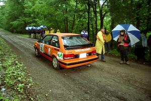 Gail Truess / Jeff Secor Mazda 323GTX at the start of the rainy Friday practice stage.