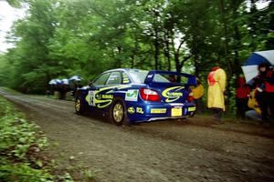 Mark Lovell / Mike Kidd Subaru WRX STi at the start of the rainy Friday practice stage.