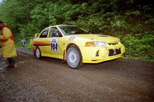 John Drislane / Declan Hegarty Mitsubishi Lancer Evo IV at the start of the rainy Friday practice stage.