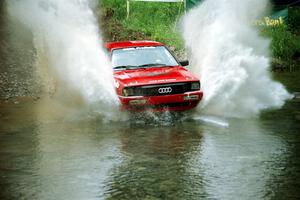 Jon Kemp / Gail McGuire Audi 4000 Quattro at the flying finish of Stony Crossing, SS1.