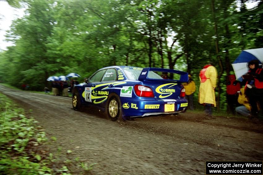 Mark Lovell / Mike Kidd Subaru WRX STi at the start of the rainy Friday practice stage.