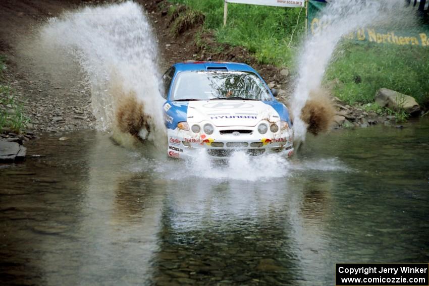 Paul Choiniere / Jeff Becker Hyundai Tiburon at the flying finish of Stony Crossing, SS1.