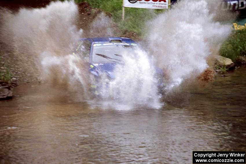 Mark Lovell / Mike Kidd Subaru WRX STi at the flying finish of Stony Crossing, SS1.