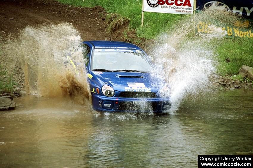 Karl Scheible / Brian Maxwell Subaru WRX STi at the flying finish of Stony Crossing, SS1.