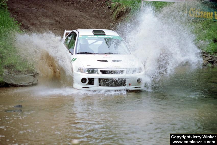 Seamus Burke / Frank Cunningham Mitsubishi Lancer Evo VI at the flying finish of Stony Crossing, SS1.