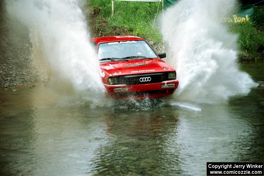 Jon Kemp / Gail McGuire Audi 4000 Quattro at the flying finish of Stony Crossing, SS1.