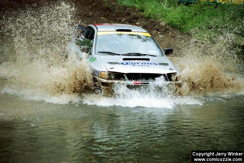 Sakis Hadjiminas / Luis Figueiredo Subaru Impreza at the flying finish of Stony Crossing, SS1.