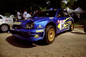 Mark Lovell / Mike Kidd Subaru WRX STi at the mid-day service on the green in Wellsboro, PA.