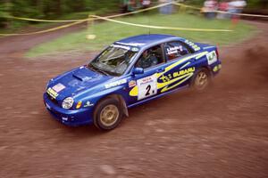 Karl Scheible / Brian Maxwell Subaru WRX STi at the first hairpin on Colton Stock, SS5.