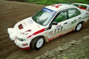 Vinnie Frontinan / Luis Teixeira Mitsubishi Lancer Evo IV at the first hairpin on Colton Stock, SS5.