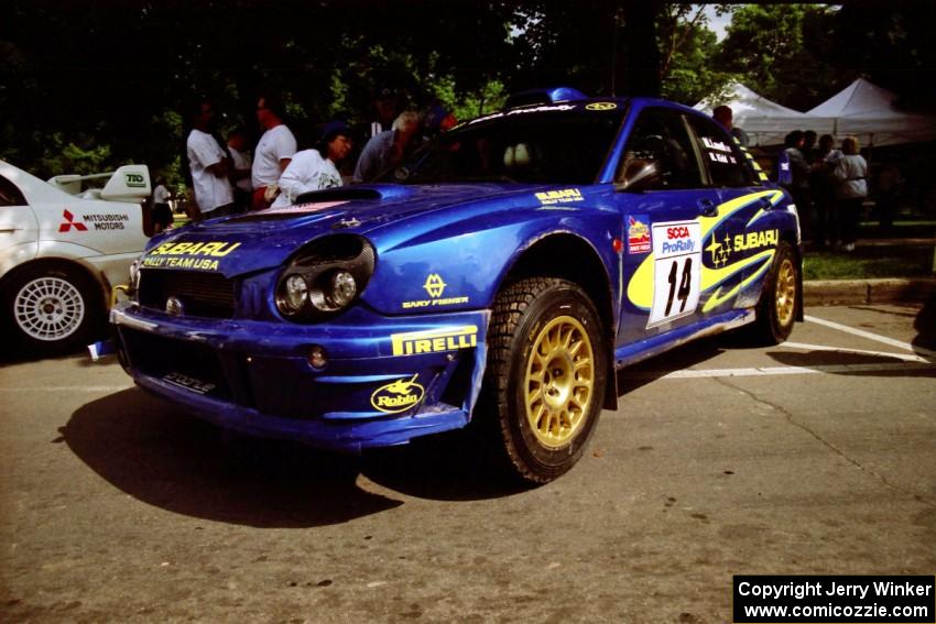 Mark Lovell / Mike Kidd Subaru WRX STi at the mid-day service on the green in Wellsboro, PA.