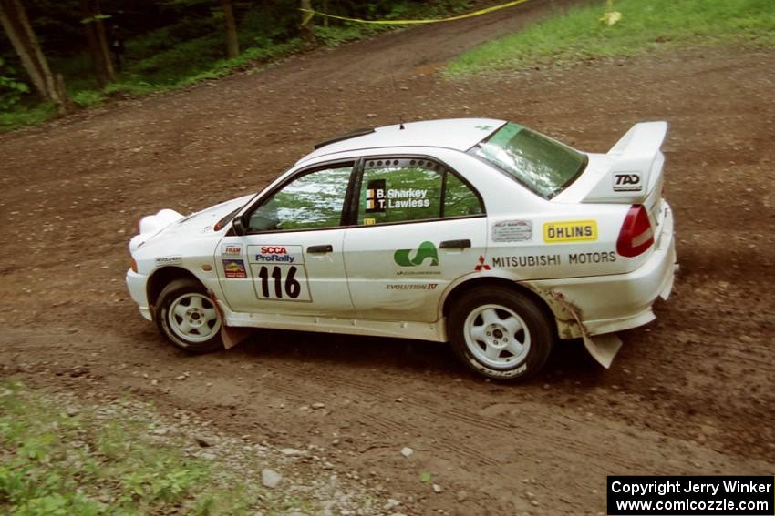 Tom Lawless / Brian Sharkey Mitubishi Lancer Evo IV at the first hairpin on Colton Stock, SS5.