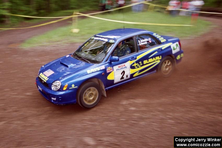 Karl Scheible / Brian Maxwell Subaru WRX STi at the first hairpin on Colton Stock, SS5.