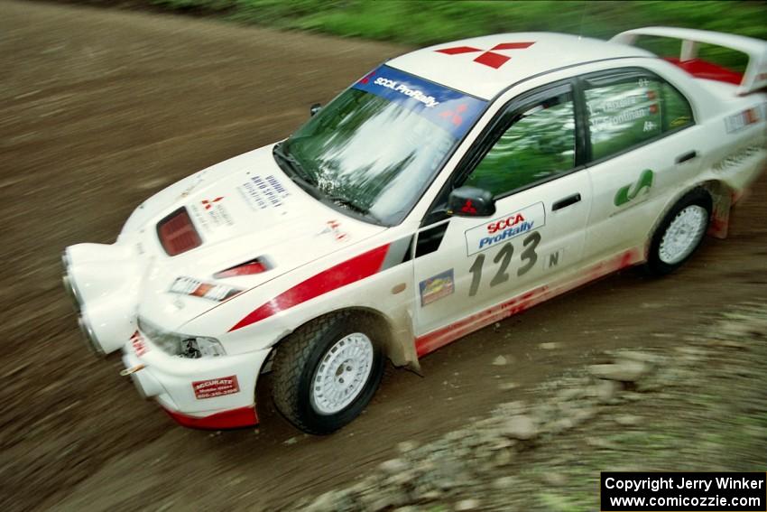 Vinnie Frontinan / Luis Teixeira Mitsubishi Lancer Evo IV at the first hairpin on Colton Stock, SS5.