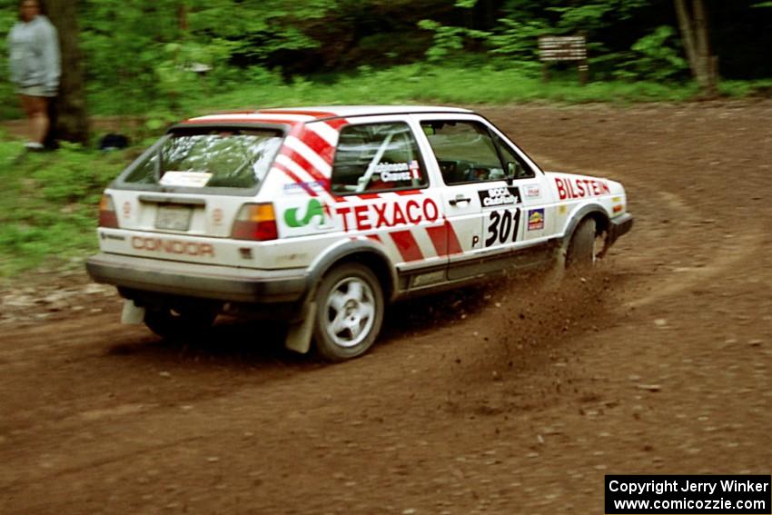 Tony Chavez / Doug Robinson VW GTI at the first hairpin on Colton Stock, SS5.