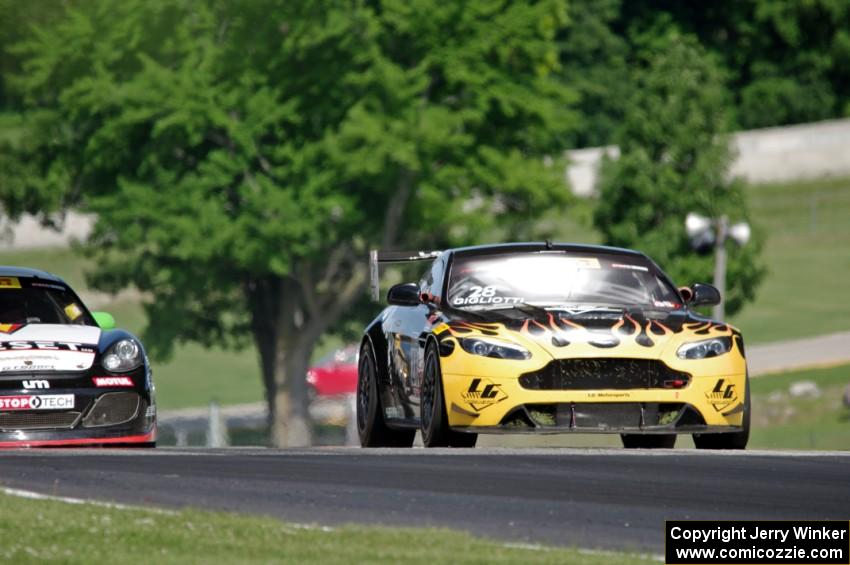 Lou Gigliotti's Aston Martin Vantage GT4 passes Jack Baldwin's Porsche Cayman