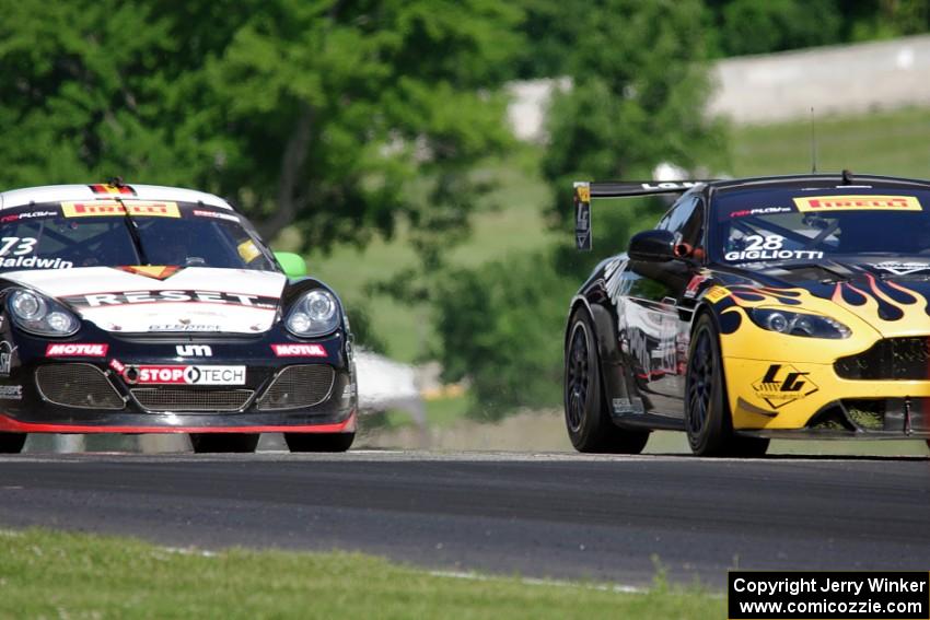 Lou Gigliotti's Aston Martin Vantage GT4 passes Jack Baldwin's Porsche Cayman