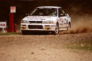 Greg Healey / John MacLeod Subaru Impreza at the finish of SS1, Mexico Rec.