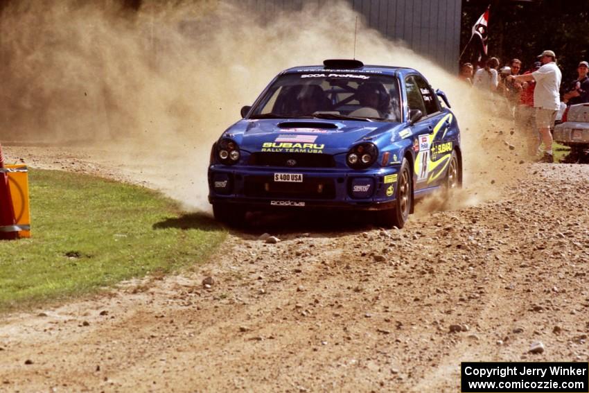 Mark Lovell / Steve Turvey Subaru WRX STi at the finish of SS1, Mexico Rec.