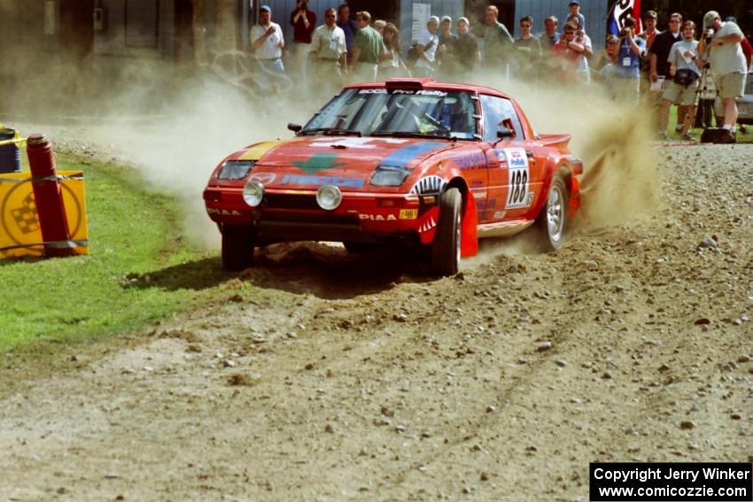 Andrew Havas / Melanie Kelly Mazda RX-7 at the finish of SS1, Mexico Rec.