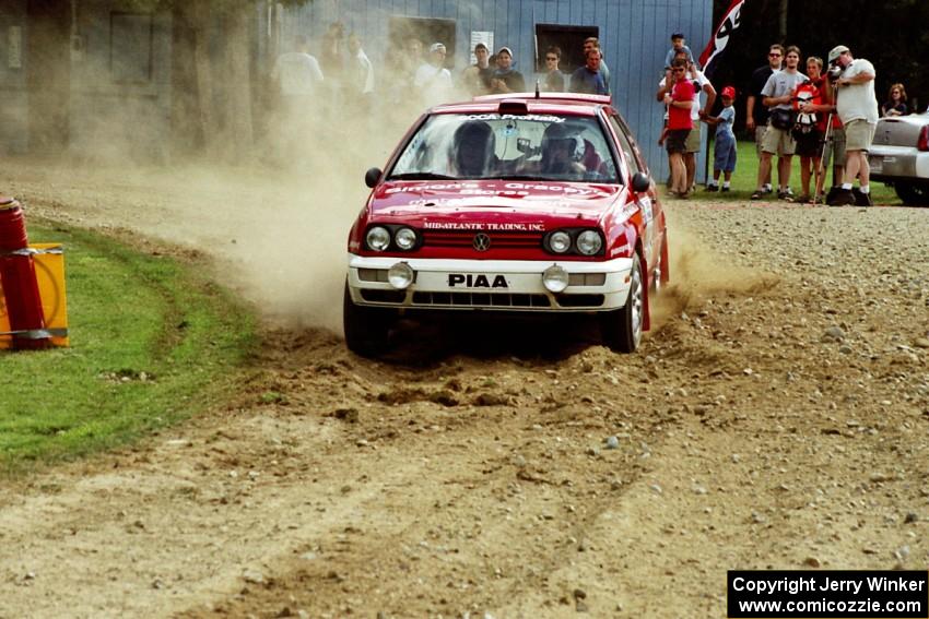 Chris Havas / Ben Bradley VW Golf at the finish of SS1, Mexico Rec.