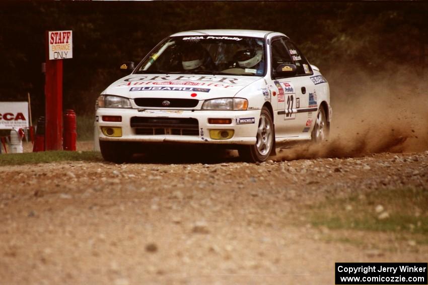 Greg Healey / John MacLeod Subaru Impreza at the finish of SS1, Mexico Rec.