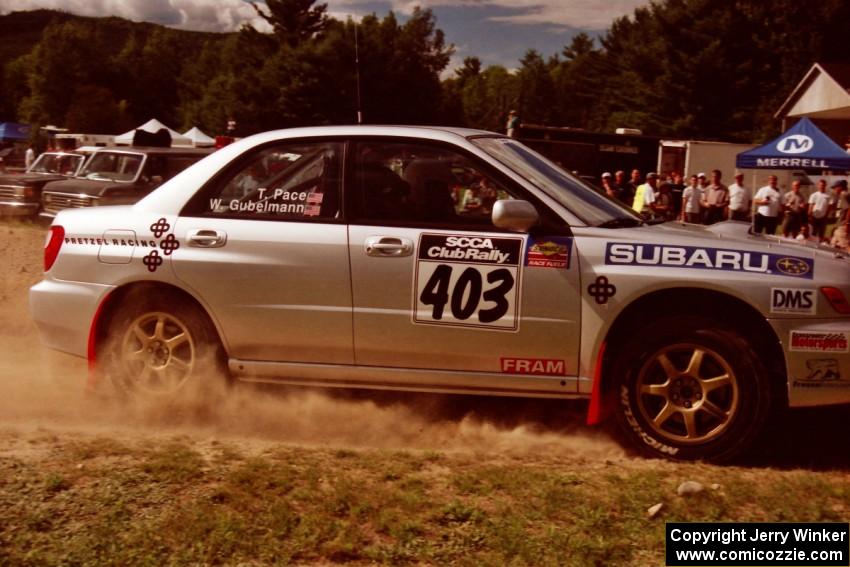 Wyeth Gubelmann / Therin Pace Subaru WRX at the finish of SS1, Mexico Rec.