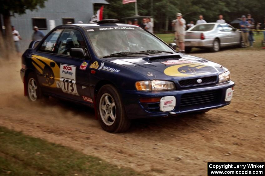 Patrick Lilly / Rory Galligan Subaru Impreza at the finish of SS1, Mexico Rec.