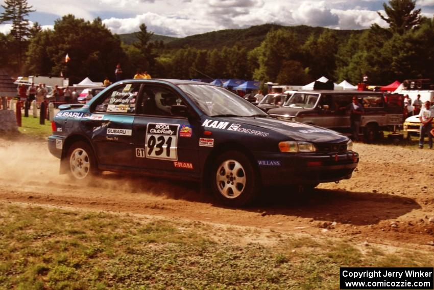 Don Kennedy / Matt Kennedy Subaru Impreza at the finish of SS1, Mexico Rec.