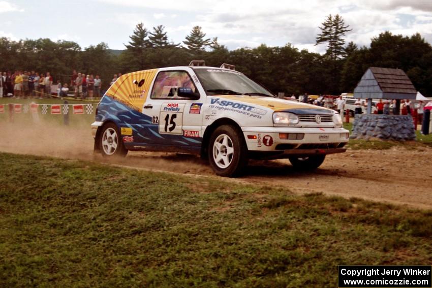 Brad Hawkins / Adrian Wintle VW GTI at the finish of SS1, Mexico Rec.