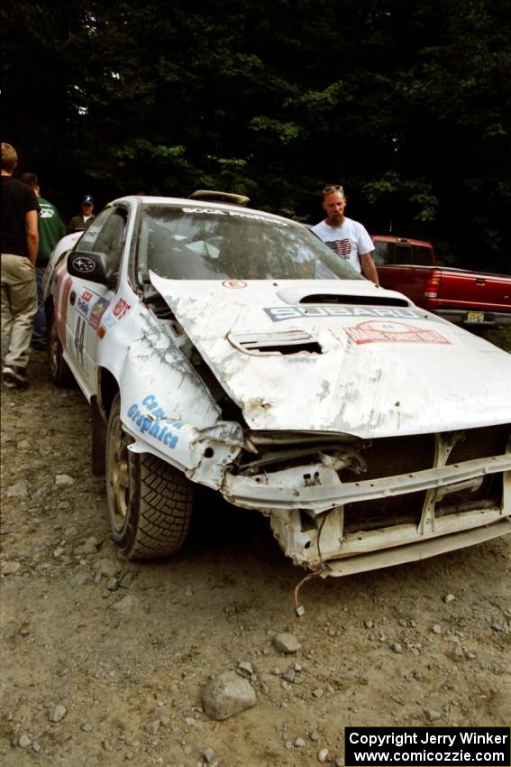 Henry Krolikowski / Cindy Krolikowski Subaru WRX STi after a huge roll near the finish of SS6, Parmachenee East.