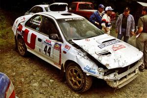 Henry Krolikowski / Cindy Krolikowski Subaru WRX STi after a huge roll near the finish of SS6, Parmachenee East.