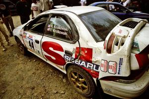 Henry Krolikowski / Cindy Krolikowski Subaru WRX STi after a huge roll near the finish of SS6, Parmachenee East.