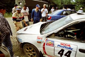 Henry Krolikowski / Cindy Krolikowski Subaru WRX STi after a huge roll near the finish of SS6, Parmachenee East.