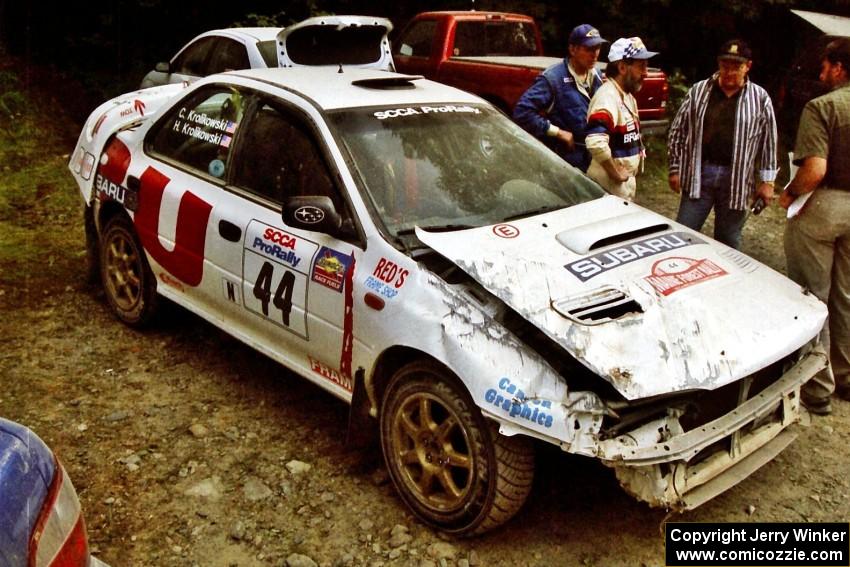 Henry Krolikowski / Cindy Krolikowski Subaru WRX STi after a huge roll near the finish of SS6, Parmachenee East.