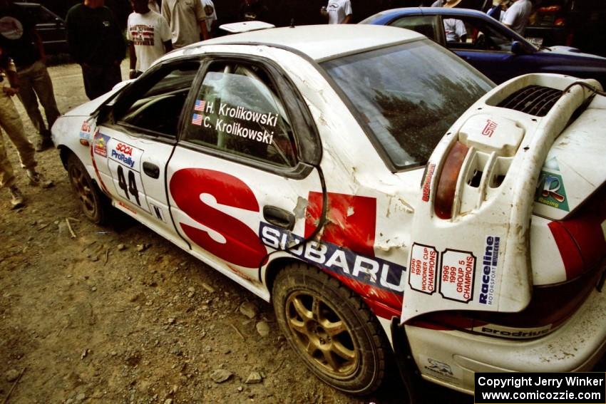 Henry Krolikowski / Cindy Krolikowski Subaru WRX STi after a huge roll near the finish of SS6, Parmachenee East.