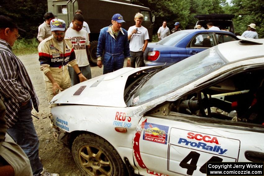 Henry Krolikowski / Cindy Krolikowski Subaru WRX STi after a huge roll near the finish of SS6, Parmachenee East.