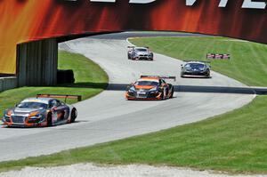 Drew Regitz's Audi R8 LMS Ultra, Alex Welch's Audi R8 LMS Ultra, Martin Fuentes' Ferrari 458 GT3 Italia and Bill Ziegler's BMW Z