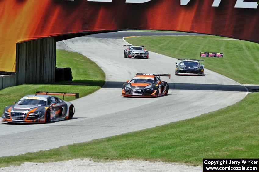 Drew Regitz's Audi R8 LMS Ultra, Alex Welch's Audi R8 LMS Ultra, Martin Fuentes' Ferrari 458 GT3 Italia and Bill Ziegler's BMW Z