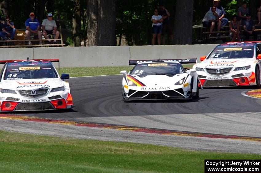 Ryan Eversley's Acura TLX-GT, Tomas Enge's Lamborghini Gallardo GT3 FL2 and Peter Cunningham's Acura TLX-GT