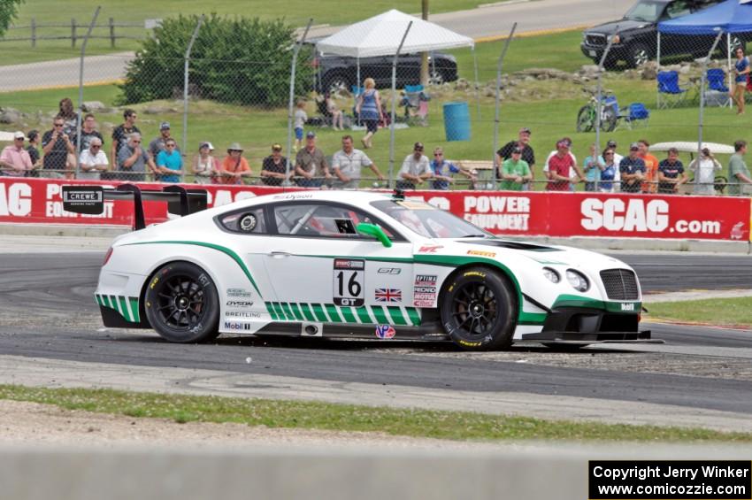 Chris Dyson's Bentley Continental GT3 stalls after spinning at turn 5.